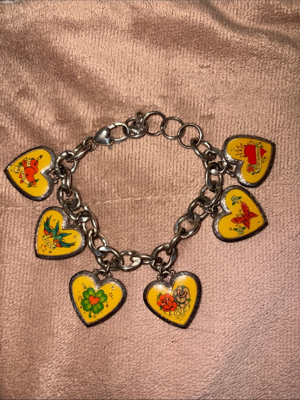 Brighton Vintage Yellow Heart Charm Bracelet with Floral and Tattoo Motif